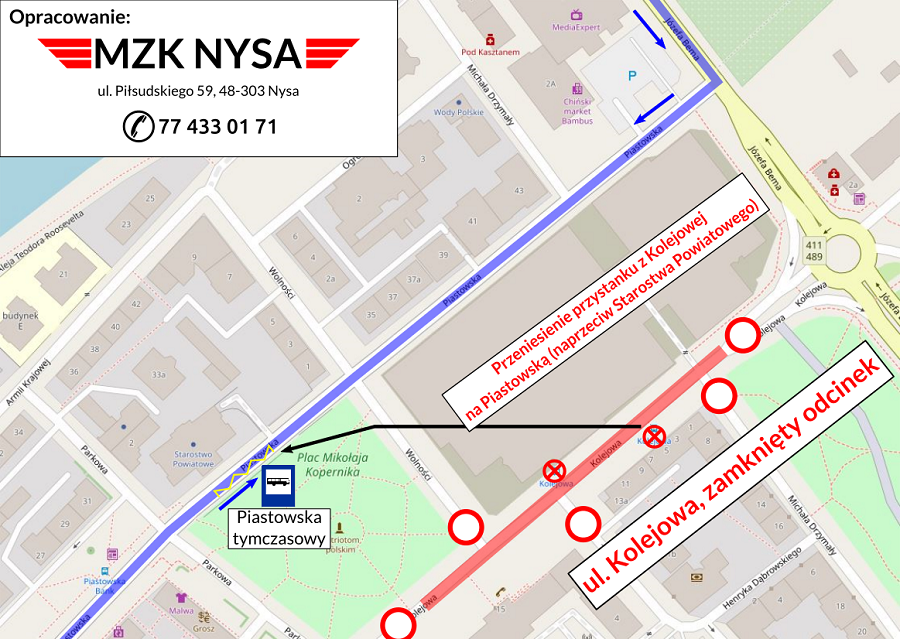 Zamknięcie ul. Kolejowej i przeniesienie przystanku na Piastowską