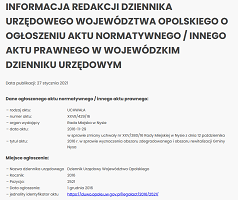 Informacja Redakcji Dziennika Urzędowego Województwa Opolskiego o ogłoszeniu aktu normatywnego / innego aktu prawnego w wojewódzkim dzienniku urzędowym